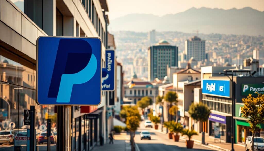 A bustling Greek business landscape, with modern architecture and vibrant signage. In the foreground, a prominent PayPal logo stands as a symbol of the integrated payment solutions used by thriving local enterprises. The middle ground showcases various storefronts and office buildings, hinting at the diverse commercial activities empowered by the PayPal platform. The background features a hazy cityscape, evoking the broader economic context in which these PayPal-enabled businesses operate. The scene is bathed in warm, golden lighting, conveying a sense of prosperity and growth. The overall composition captures the seamless integration of PayPal's innovative services within the dynamic Greek business environment. A bustling Greek business landscape, with modern architecture and vibrant signage. In the foreground, a prominent PayPal logo stands as a symbol of the integrated payment solutions used by thriving local enterprises. The middle ground showcases various storefronts and office buildings, hinting at the diverse commercial activities empowered by the PayPal platform. The background features a hazy cityscape, evoking the broader economic context in which these PayPal-enabled businesses operate. The scene is bathed in warm, golden lighting, conveying a sense of prosperity and growth. The overall composition captures the seamless integration of PayPal's innovative services within the dynamic Greek business environment.