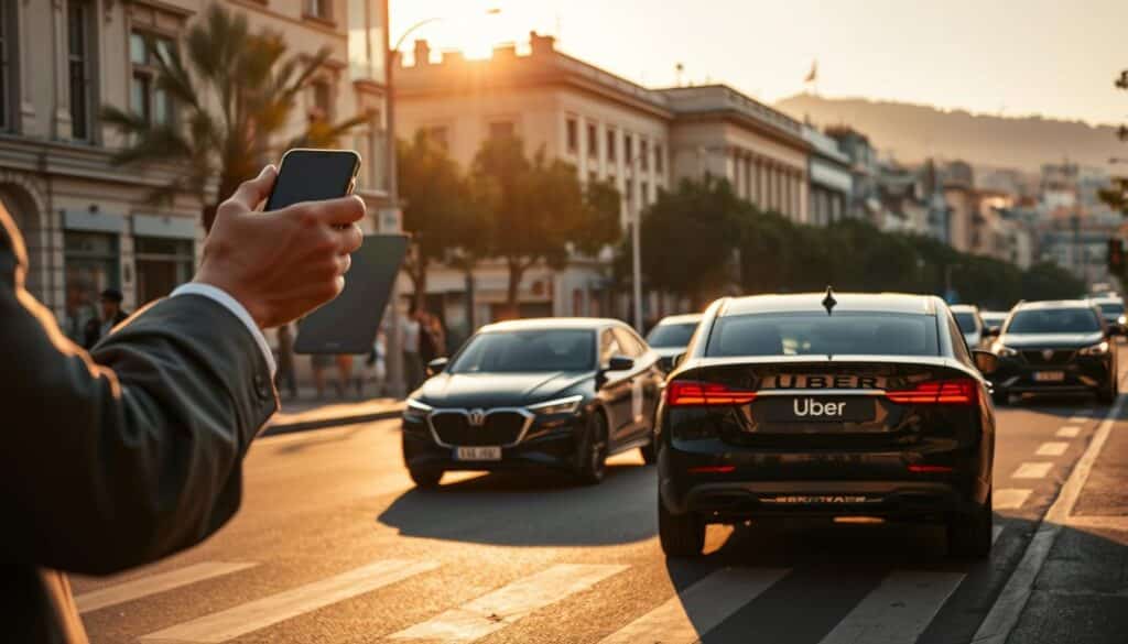 A bustling city street in Athens, Greece, with a person hailing an Uber. The scene is bathed in warm, golden-hour lighting, casting a cozy, inviting atmosphere. In the foreground, a well-dressed individual raises their hand, smartphone in hand, ready to summon their ride. The middle ground features a modern, sleek Uber vehicle approaching, its clean lines and distinctive branding prominently displayed. The background showcases the iconic architecture and landmarks of the city, establishing the setting. The overall composition conveys the seamless, convenient experience of using Uber in the urban landscape of Greece.