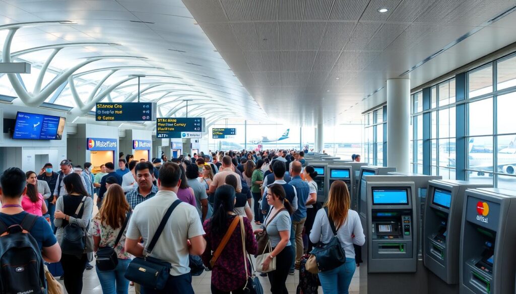 A bustling international airport terminal, with travelers navigating through the concourse under the soft glow of overhead lighting. In the foreground, a diverse group of people standing in line at a bank of Visa and Mastercard ATMs, withdrawing local currency for their travels. The middle ground reveals a mix of duty-free shops, airline counters, and digital screens displaying flight information. In the background, large windows offer glimpses of aircraft taking off and landing on the tarmac. The scene conveys a sense of global connectivity, the ease of using international payment cards, and the excitement of exploring new destinations. A bustling international airport terminal, with travelers navigating through the concourse under the soft glow of overhead lighting. In the foreground, a diverse group of people standing in line at a bank of Visa and Mastercard ATMs, withdrawing local currency for their travels. The middle ground reveals a mix of duty-free shops, airline counters, and digital screens displaying flight information. In the background, large windows offer glimpses of aircraft taking off and landing on the tarmac. The scene conveys a sense of global connectivity, the ease of using international payment cards, and the excitement of exploring new destinations.