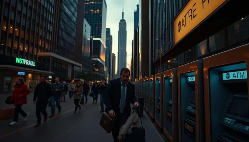 A busy city street at dusk, with a sense of urgency and financial stress. In the foreground, a person hurriedly carries a briefcase, their face etched with concern. In the middle ground, a line of ATMs stands, their screens dimly lit, hinting at the challenges of accessing cash. In the background, skyscrapers loom, their glass facades reflecting the fading light, symbolic of the complexities of modern financial systems. The scene is bathed in a warm, muted color palette, evoking a feeling of unease and the weight of financial burdens. Cinematographic lighting casts dramatic shadows, emphasizing the dramatic tension of the moment. A busy city street at dusk, with a sense of urgency and financial stress. In the foreground, a person hurriedly carries a briefcase, their face etched with concern. In the middle ground, a line of ATMs stands, their screens dimly lit, hinting at the challenges of accessing cash. In the background, skyscrapers loom, their glass facades reflecting the fading light, symbolic of the complexities of modern financial systems. The scene is bathed in a warm, muted color palette, evoking a feeling of unease and the weight of financial burdens. Cinematographic lighting casts dramatic shadows, emphasizing the dramatic tension of the moment.