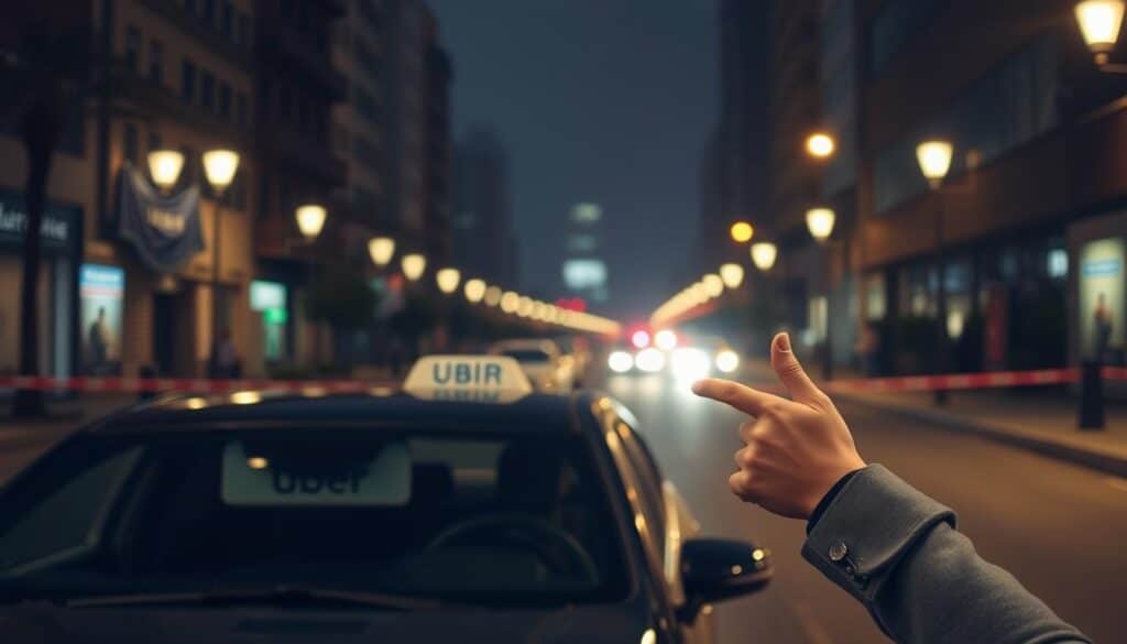 A city street at night, dimly lit by streetlamps. In the foreground, a confused-looking person gestures toward a parked car, highlighting the limited availability of Uber services in this area. The middle ground shows a blurred cityscape, with a sense of bureaucratic red tape and barriers obstructing the efficient operation of ride-sharing platforms. The background is hazy, suggesting the uncertainty and challenges faced by both users and drivers navigating the complex regulatory environment. The overall atmosphere conveys a sense of frustration and restriction, reflecting the "Problems and Limitations" of Uber's presence in this specific location.