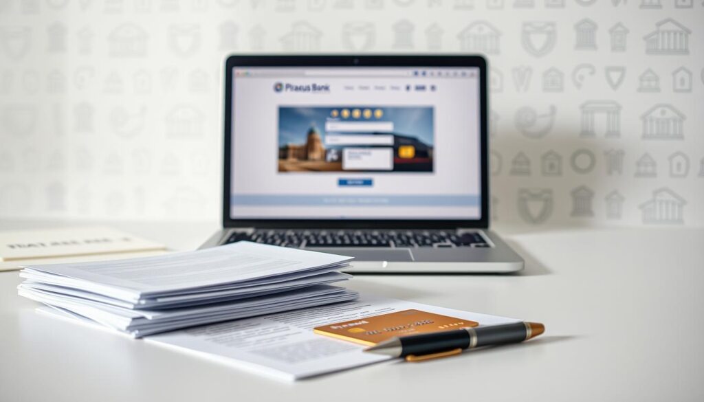 A clean, minimalist composition depicting the requirements for obtaining the Piraeus Bank Visa Gold card. In the foreground, a stack of documents, credit card, and pen, symbolizing the application process. The middle ground features a professional-looking laptop display, showcasing the online banking portal. In the background, a subtle pattern of Greek banking icons and motifs, conveying the prestige and heritage of the Piraeus Bank brand. The lighting is soft and natural, creating a sense of professionalism and trustworthiness. The overall atmosphere is one of efficiency, simplicity, and attention to detail, mirroring the refined nature of the Visa Gold card.