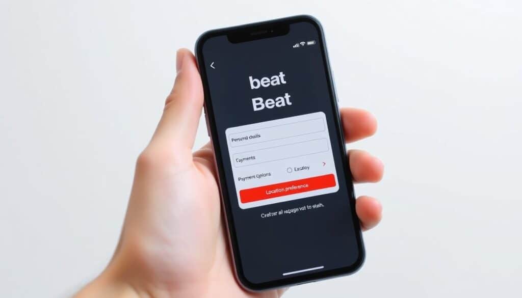 A clean, well-designed interface depicting the process of creating a Beat account on a mobile device. The foreground shows a hand holding a smartphone with the Beat app open, displaying the account creation screen. The middle ground features a sleek, minimalist UI with input fields for personal details, payment options, and location preferences. The background has a muted, gradient-based color scheme that reflects the brand's visual identity. The overall scene conveys a sense of simplicity, accessibility, and modern mobility, aligning with the article's focus on the Beat app's integration in the Greek transportation landscape. A clean, well-designed interface depicting the process of creating a Beat account on a mobile device. The foreground shows a hand holding a smartphone with the Beat app open, displaying the account creation screen. The middle ground features a sleek, minimalist UI with input fields for personal details, payment options, and location preferences. The background has a muted, gradient-based color scheme that reflects the brand's visual identity. The overall scene conveys a sense of simplicity, accessibility, and modern mobility, aligning with the article's focus on the Beat app's integration in the Greek transportation landscape.
