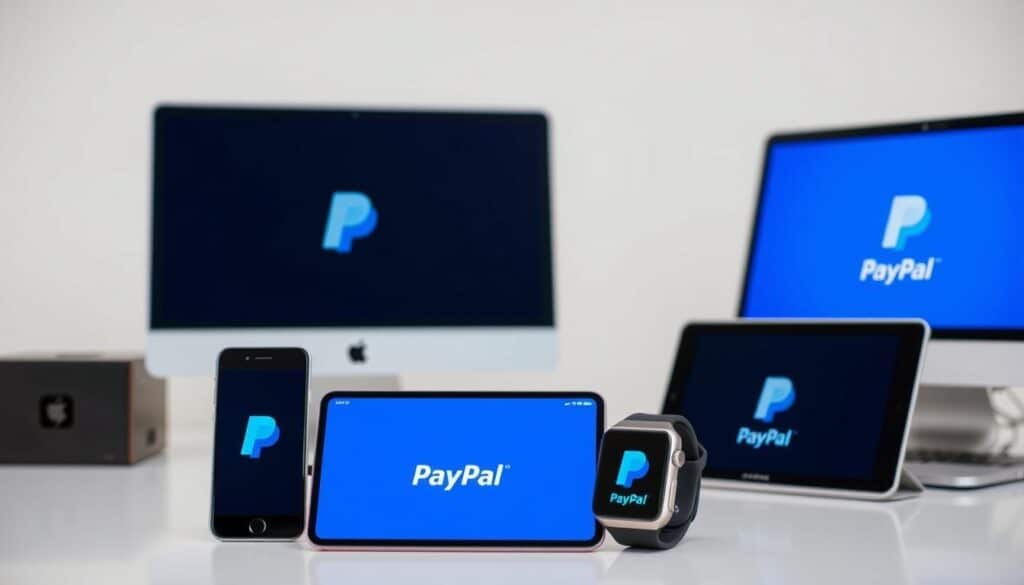 A clean, well-lit product photography scene showcasing a diverse array of compatible devices for PayPal transactions. In the foreground, a modern smartphone, tablet, and smartwatch artfully arranged, their screens displaying the PayPal logo. In the middle ground, a sleek laptop and desktop computer, their displays mirroring the mobile devices. The background features a minimalist, neutral-toned environment, subtly highlighting the technological integration of these payment-enabled platforms. Careful lighting and a shallow depth of field create a sense of depth and professionalism, emphasizing the versatility and accessibility of the PayPal ecosystem. A clean, well-lit product photography scene showcasing a diverse array of compatible devices for PayPal transactions. In the foreground, a modern smartphone, tablet, and smartwatch artfully arranged, their screens displaying the PayPal logo. In the middle ground, a sleek laptop and desktop computer, their displays mirroring the mobile devices. The background features a minimalist, neutral-toned environment, subtly highlighting the technological integration of these payment-enabled platforms. Careful lighting and a shallow depth of field create a sense of depth and professionalism, emphasizing the versatility and accessibility of the PayPal ecosystem.