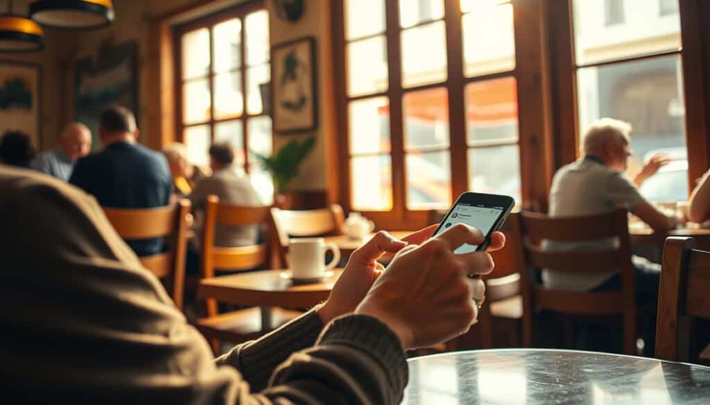 A cozy Greek cafe scene with a person using the iTranslate app on their smartphone, capturing the everyday utility of the translation tool in Greece. Warm natural lighting filters through large windows, illuminating the cafe's rustic wooden furnishings. The user sits at a small table, intently focused on their screen as they navigate the iTranslate interface, surrounded by the lively ambiance of the cafe - the aroma of freshly brewed coffee, the chatter of local patrons, and the occasional clinking of dishes. The image conveys a sense of cultural immersion and the seamless integration of technology into the daily life of a Greek citizen. A cozy Greek cafe scene with a person using the iTranslate app on their smartphone, capturing the everyday utility of the translation tool in Greece. Warm natural lighting filters through large windows, illuminating the cafe's rustic wooden furnishings. The user sits at a small table, intently focused on their screen as they navigate the iTranslate interface, surrounded by the lively ambiance of the cafe - the aroma of freshly brewed coffee, the chatter of local patrons, and the occasional clinking of dishes. The image conveys a sense of cultural immersion and the seamless integration of technology into the daily life of a Greek citizen.