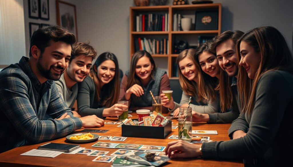 A cozy, casual game night setting with a group of friends gathered around a table, playing the beloved social deduction game "Among Us". The scene is bathed in a warm, inviting glow, with soft lighting illuminating the players' faces as they lean in, engrossed in the thrilling game. The table is cluttered with snacks, drinks, and the recognizable character avatars of the game, creating a sense of camaraderie and fun. In the background, a bookshelf or wall decor hints at the comfortable, homey atmosphere. The players' expressions range from intense concentration to mischievous grins, capturing the essence of the game's social dynamic and the joy of playing with close friends.