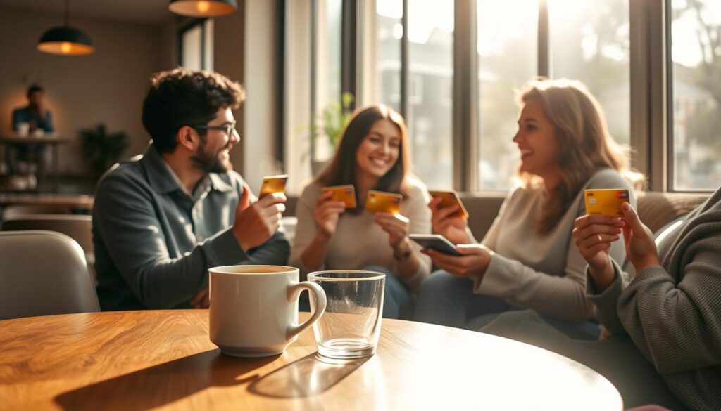 A cozy coffee shop setting, with sunlight streaming through large windows, illuminating a group of people casually chatting and reviewing their Alpha Bank Mastercard Gold cards. The foreground features a wooden table with a steaming cup of coffee, complemented by a modern, minimalist design. In the middle ground, the customers animatedly discuss the benefits and protections offered by their premium credit cards, their expressions conveying a sense of satisfaction and trust. The background showcases a warm, inviting atmosphere with soft, muted tones, creating a sense of comfort and community. The overall scene evokes a relatable, down-to-earth ambiance, reflecting the user testimonials about the Alpha Bank Mastercard Gold.