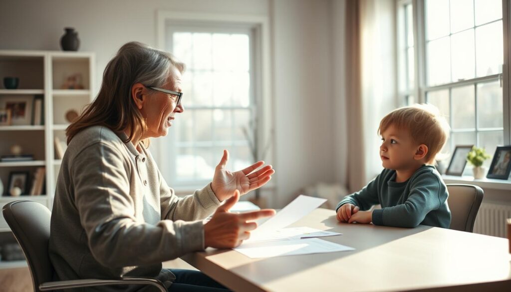 A cozy, well-lit home study scene with a parent and child sitting at a desk, discussing financial matters. Soft natural light filters through large windows, casting a warm glow. The parent gestures emphatically, conveying helpful advice, while the child listens intently. In the background, subtle bookshelves and family photos create a sense of comfort and familiarity. The overall atmosphere is one of open communication, trust, and parental guidance. A serene, thoughtful moment of a parent imparting financial wisdom to their child.
