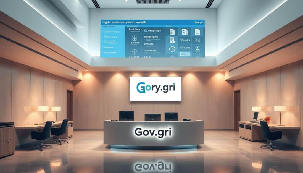 A detailed, architectural interior of a modern government office, showcasing the digital transformation and digitization of public administration. The scene features a large central desk with a prominent Gov.gr Wallet logo, surrounded by sleek, minimalist furniture and equipment. Soft, directional lighting illuminates the space, creating a sense of professionalism and efficiency. In the background, a wall-mounted display shows an interactive interface, highlighting the various digital services and documents available through the Gov.gr Wallet platform. The overall atmosphere conveys a streamlined, technologically-advanced public administration, reflecting the impact of digitization on the citizen experience.