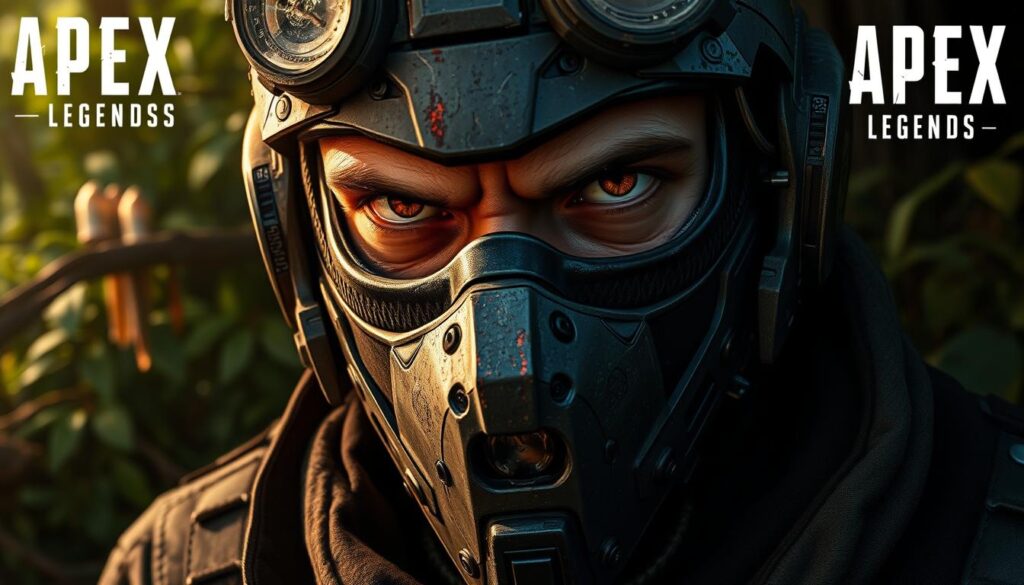 A detailed, close-up portrait of the Apex Legends character Bloodhound, portrayed as a skilled tracker and hunter. The character is depicted in a rugged, natural setting, with a focus on their enigmatic mask, weathered features, and advanced technology-enhanced abilities. The lighting is dramatic and moody, casting deep shadows and highlighting Bloodhound's intense gaze. The background features a lush, overgrown forest environment, adding to the sense of Bloodhound's connection to the wilderness. The overall mood is one of mystery, power, and a connection to the natural world. A detailed, close-up portrait of the Apex Legends character Bloodhound, portrayed as a skilled tracker and hunter. The character is depicted in a rugged, natural setting, with a focus on their enigmatic mask, weathered features, and advanced technology-enhanced abilities. The lighting is dramatic and moody, casting deep shadows and highlighting Bloodhound's intense gaze. The background features a lush, overgrown forest environment, adding to the sense of Bloodhound's connection to the wilderness. The overall mood is one of mystery, power, and a connection to the natural world.