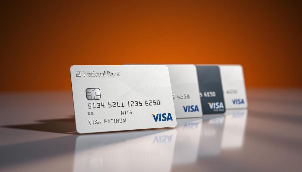 A detailed comparison of credit cards, featuring the National Bank Visa Platinum card in the foreground. The cards are displayed on a sleek, reflective surface, casting subtle shadows. The background is a minimalist gradient, allowing the cards to be the focal point. Warm, directional lighting highlights the cards' metallic accents and embossed details, creating a premium, high-end aesthetic. The composition is balanced, with the cards arranged in an overlapping, staggered layout to convey a sense of depth and visual interest. The overall mood is sophisticated, highlighting the features and benefits of the credit cards in a clean, modern style. A detailed comparison of credit cards, featuring the National Bank Visa Platinum card in the foreground. The cards are displayed on a sleek, reflective surface, casting subtle shadows. The background is a minimalist gradient, allowing the cards to be the focal point. Warm, directional lighting highlights the cards' metallic accents and embossed details, creating a premium, high-end aesthetic. The composition is balanced, with the cards arranged in an overlapping, staggered layout to convey a sense of depth and visual interest. The overall mood is sophisticated, highlighting the features and benefits of the credit cards in a clean, modern style.