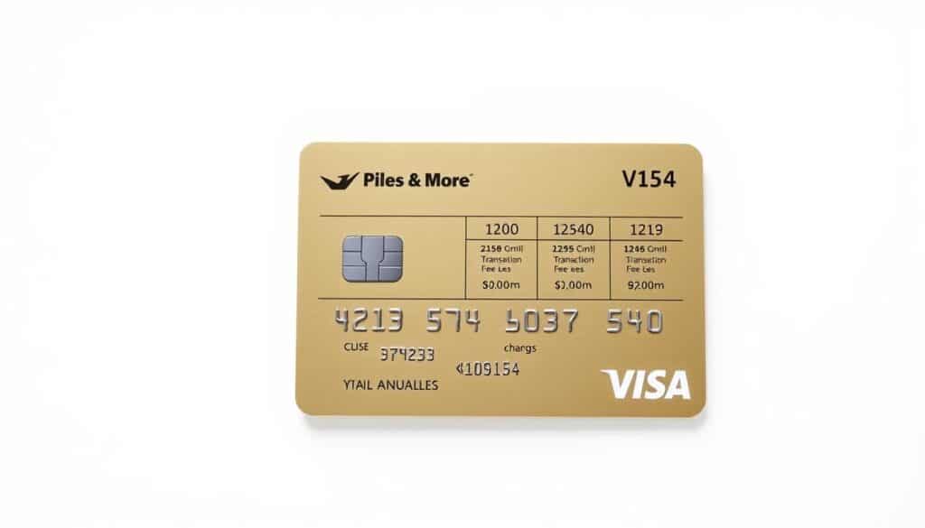 A detailed, high-resolution image of the cost and fees associated with the Piraeus Miles & More Visa Gold credit card. The image should have a clean, minimalist design with a simple white background. In the foreground, display the card logo and name prominently. In the middle ground, neatly arrange numerical values and descriptions for the annual fee, foreign transaction fees, and any other relevant charges. Use a modern, legible font and grid-like layout to convey the information clearly and concisely. The lighting should be soft and diffused, creating a sense of professionalism and sophistication. The angle should be straight-on, with the card details filling most of the frame. The overall mood should be informative yet visually appealing, reflecting the premium nature of the Piraeus Miles & More Visa Gold product.