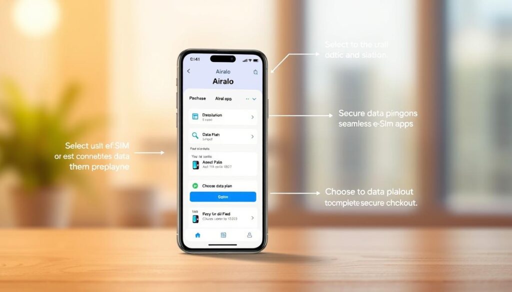 A detailed illustration of the Airalo app interface, showcasing its intuitive navigation and seamless eSIM purchasing process. Centered in the frame, a smartphone displays the Airalo app's main screen, with clear icons and simple menus guiding the user through selecting a destination, choosing a data plan, and completing the secure checkout. The background blurs softly, highlighting the app's focus, while a warm, inviting color palette and gentle lighting create a welcoming, user-friendly atmosphere. The overall composition conveys the ease and convenience of using Airalo to access reliable international data connectivity. A detailed illustration of the Airalo app interface, showcasing its intuitive navigation and seamless eSIM purchasing process. Centered in the frame, a smartphone displays the Airalo app's main screen, with clear icons and simple menus guiding the user through selecting a destination, choosing a data plan, and completing the secure checkout. The background blurs softly, highlighting the app's focus, while a warm, inviting color palette and gentle lighting create a welcoming, user-friendly atmosphere. The overall composition conveys the ease and convenience of using Airalo to access reliable international data connectivity.