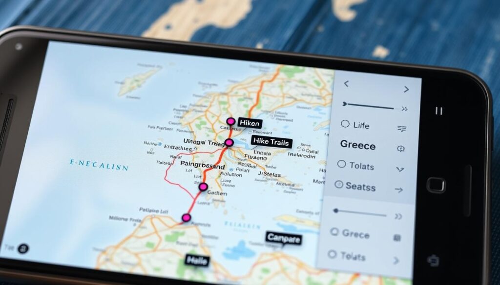 A detailed map of Greece displayed on a high-resolution mobile device screen, with customized settings and overlay features for travelers. The screen shows a zoomed-in view of the Greek mainland and surrounding islands, with accurate topographical details, road networks, and Points of Interest highlighted. The interface features various toggles and menus, allowing the user to tailor the map display to their specific needs, such as highlighting hiking trails, campsites, or scenic routes. The overall scene conveys a sense of exploration, adventure, and the ability to plan a personalized itinerary for discovering Greece.