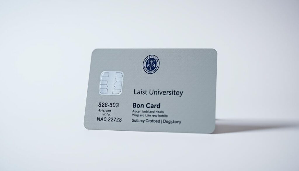 A detailed photograph of a university ID card, capturing its intricate design and visual elements. The card is centered, showcasing its distinct logo, text, and holographic features against a clean, well-lit background. The image conveys a sense of professionalism and authenticity, emphasizing the importance of this official university document. The lighting is soft and diffused, creating a subtle yet striking contrast that highlights the card's materiality and texture. The angle is slightly elevated, providing a clear and comprehensive view of the card's key details. A detailed photograph of a university ID card, capturing its intricate design and visual elements. The card is centered, showcasing its distinct logo, text, and holographic features against a clean, well-lit background. The image conveys a sense of professionalism and authenticity, emphasizing the importance of this official university document. The lighting is soft and diffused, creating a subtle yet striking contrast that highlights the card's materiality and texture. The angle is slightly elevated, providing a clear and comprehensive view of the card's key details.