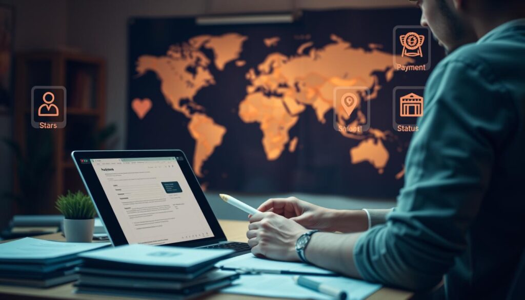 A detailed scene of the application process for a global nomad visa. In the foreground, a person sits at a desk, intently filling out an online form on a laptop, with stacks of documents and a pen nearby. The middle ground shows a map of the world, hinting at the international nature of the visa. In the background, there are icons representing the various steps of the application, such as ID verification, payment, and status tracking, all illuminated by soft, warm lighting that conveys a sense of progress and accomplishment. The overall atmosphere is one of focus, efficiency, and the excitement of embarking on a new global adventure.