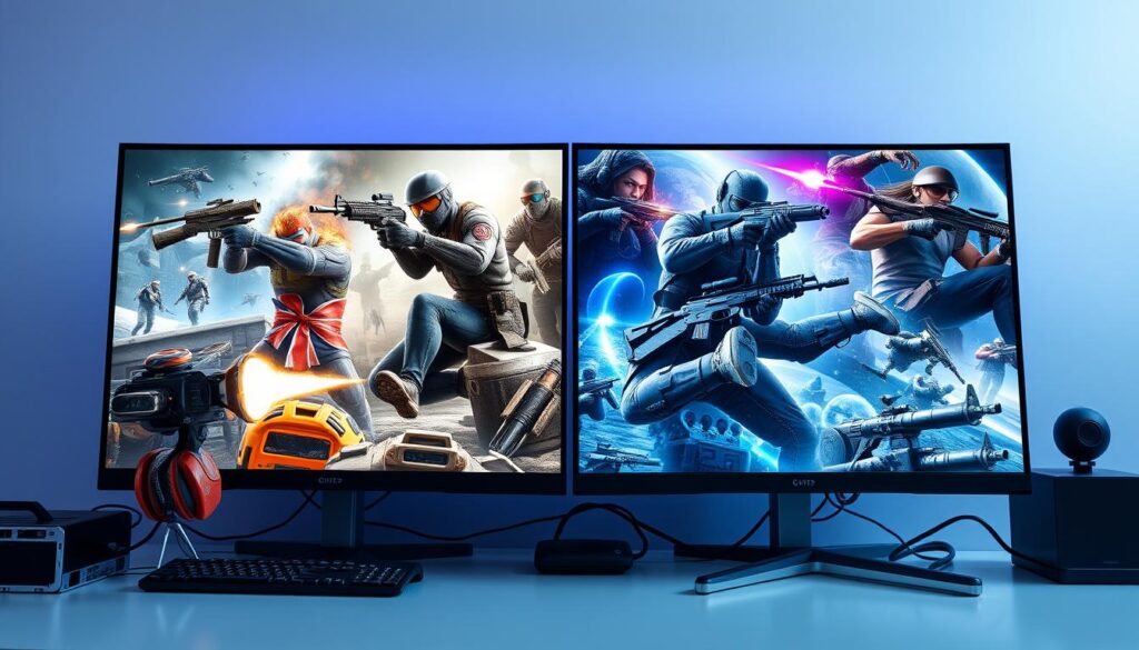 A detailed side-by-side comparison of various competitive first-person shooter video games, set against a clean, minimalist backdrop. The scene depicts a modern, high-tech gaming setup with sleek, metallic peripherals and a large, high-resolution display showcasing detailed character models, weapons, and abilities from different shooter titles. The lighting is cool and crisp, emphasizing the technical precision and strategic depth of the gameplay. The composition guides the viewer's eye to draw comparisons between the unique mechanics and visual styles of the highlighted shooter games. A detailed side-by-side comparison of various competitive first-person shooter video games, set against a clean, minimalist backdrop. The scene depicts a modern, high-tech gaming setup with sleek, metallic peripherals and a large, high-resolution display showcasing detailed character models, weapons, and abilities from different shooter titles. The lighting is cool and crisp, emphasizing the technical precision and strategic depth of the gameplay. The composition guides the viewer's eye to draw comparisons between the unique mechanics and visual styles of the highlighted shooter games.