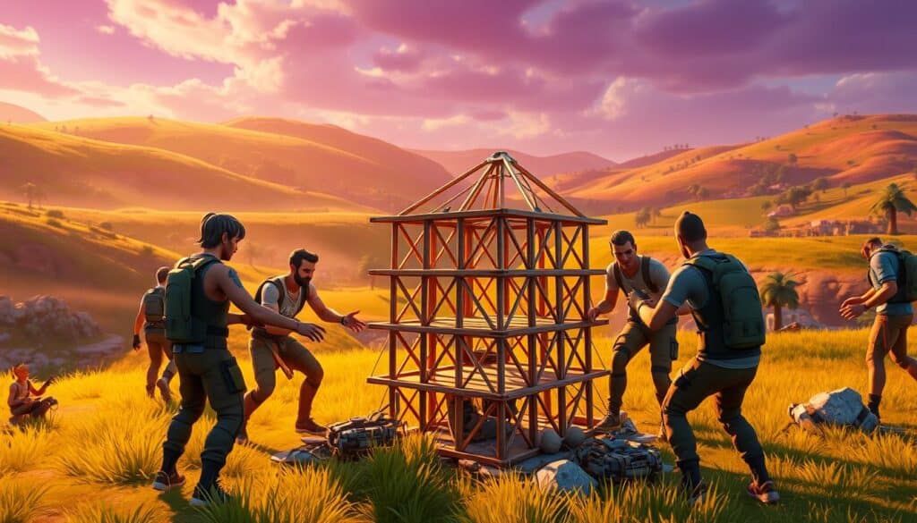 A dynamic Fortnite squad working together seamlessly, engaged in a collaborative building session. The scene depicts a vibrant, colorful Fortnite landscape, with the team skillfully constructing an intricate multi-level structure in the foreground. Warm lighting bathes the scene, creating a sense of camaraderie and teamwork. The players' body language and facial expressions convey a deep focus and determination as they communicate and coordinate their efforts. In the middle ground, the partially completed structure stands as a testament to their collective ingenuity. The background features the iconic Fortnite environment, with rolling hills, lush vegetation, and a dramatic sky overhead. The overall atmosphere evokes a dynamic, collaborative event where players work together to achieve a shared goal.