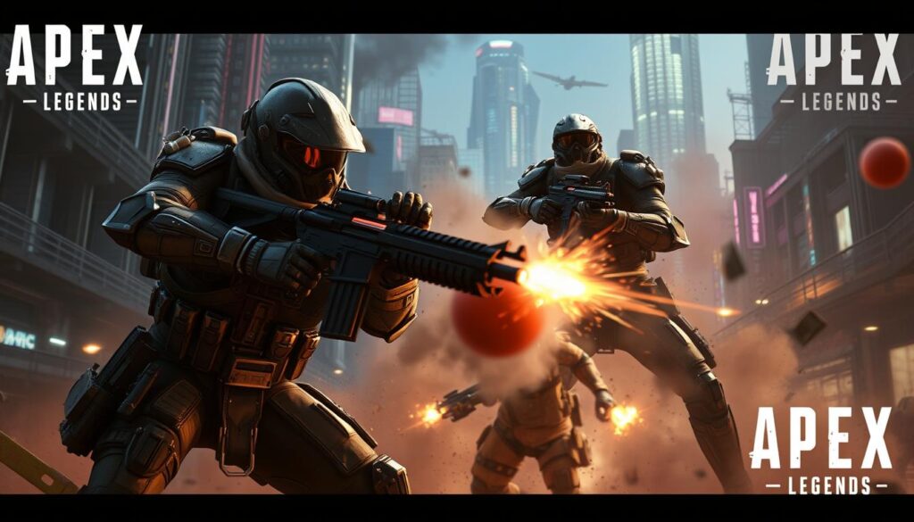 A dynamic duo of Apex Legends characters seamlessly coordinating their abilities in an intense battle. The foreground features two heavily armored warriors, their weapons drawn and faces obscured by tactical helmets, as they flank an unseen enemy. The middle ground depicts their combined assault, kinetic energy and smoke swirling around them. The background is a dystopian cityscape, neon-lit skyscrapers and crumbling infrastructure setting the scene for this high-stakes confrontation. Dramatic cinematic lighting casts dramatic shadows, highlighting the tactical precision and lethal synergy of this cooperative onslaught. An aura of determination and camaraderie permeates the scene, showcasing the power of teamwork in the Apex Legends arena. A dynamic duo of Apex Legends characters seamlessly coordinating their abilities in an intense battle. The foreground features two heavily armored warriors, their weapons drawn and faces obscured by tactical helmets, as they flank an unseen enemy. The middle ground depicts their combined assault, kinetic energy and smoke swirling around them. The background is a dystopian cityscape, neon-lit skyscrapers and crumbling infrastructure setting the scene for this high-stakes confrontation. Dramatic cinematic lighting casts dramatic shadows, highlighting the tactical precision and lethal synergy of this cooperative onslaught. An aura of determination and camaraderie permeates the scene, showcasing the power of teamwork in the Apex Legends arena.