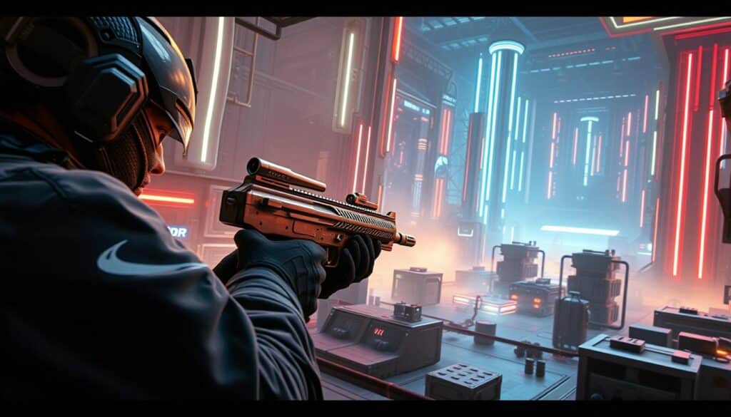 A dynamic, hyper-realistic scene of a tactical first-person shooter game. The foreground features a skilled player character in a combat-ready stance, wielding a high-tech weapon with intricate details. The middle ground showcases a tense, strategic environment with cover points, obstacles, and interactive elements. The background depicts a futuristic, cyberpunk-inspired setting with neon-lit architectural structures, conveying a sense of advanced technology and intense competition. The lighting is dramatic, with strong contrasts, creating a heightened sense of atmosphere and energy. The camera angle is slightly elevated, offering a dynamic, immersive perspective that captures the essence of a tactical shooter experience. A dynamic, hyper-realistic scene of a tactical first-person shooter game. The foreground features a skilled player character in a combat-ready stance, wielding a high-tech weapon with intricate details. The middle ground showcases a tense, strategic environment with cover points, obstacles, and interactive elements. The background depicts a futuristic, cyberpunk-inspired setting with neon-lit architectural structures, conveying a sense of advanced technology and intense competition. The lighting is dramatic, with strong contrasts, creating a heightened sense of atmosphere and energy. The camera angle is slightly elevated, offering a dynamic, immersive perspective that captures the essence of a tactical shooter experience.