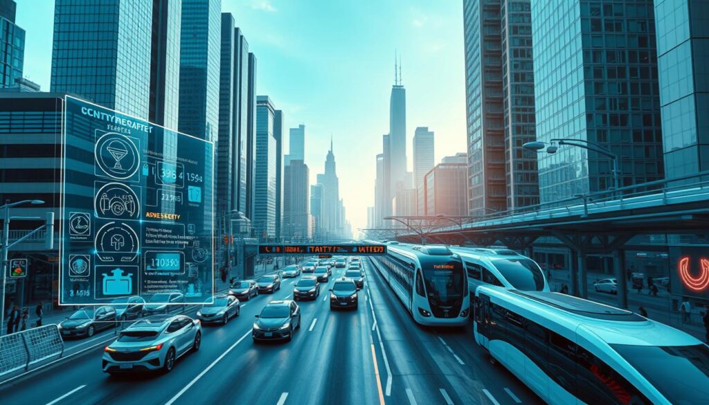 A futuristic cityscape, with towering skyscrapers and sleek, automated vehicles navigating the bustling streets. In the foreground, a holographic display showcases real-time traffic data and security alerts, seamlessly integrating technology and safety. The midground features a network of interconnected infrastructure, including smart streetlights and surveillance cameras, working in harmony to monitor and protect the city. In the background, a gleaming, high-tech transportation hub emerges, where autonomous shuttles and trains depart and arrive, transporting people efficiently and securely. The scene is bathed in a cool, azure hue, conveying a sense of technological sophistication and reliability. The overall atmosphere suggests a harmonious balance between cutting-edge innovation and unwavering safety.