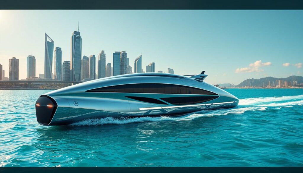 A futuristic ferry glides across glistening azure waters, its sleek, aerodynamic design a testament to cutting-edge engineering. Hovering effortlessly, the vessel's hull is adorned with graceful curves and a gleaming metallic finish that reflects the sun's rays. In the background, a vibrant coastal cityscape rises, its towering skyscrapers and bustling infrastructure hinting at a thriving, technologically-advanced urban landscape. Subtle lighting accents the ferry's contours, creating a sense of dynamic movement and energy. The overall scene conveys a vision of seamless, efficient transportation that seamlessly integrates with the evolving needs of a modern, sustainable island community. A futuristic ferry glides across glistening azure waters, its sleek, aerodynamic design a testament to cutting-edge engineering. Hovering effortlessly, the vessel's hull is adorned with graceful curves and a gleaming metallic finish that reflects the sun's rays. In the background, a vibrant coastal cityscape rises, its towering skyscrapers and bustling infrastructure hinting at a thriving, technologically-advanced urban landscape. Subtle lighting accents the ferry's contours, creating a sense of dynamic movement and energy. The overall scene conveys a vision of seamless, efficient transportation that seamlessly integrates with the evolving needs of a modern, sustainable island community.