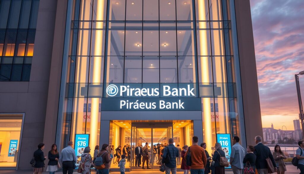 A grand, modern bank facade stands tall, its sleek glass and steel design exuding a sense of reliability and prestige. The entrance is bustling with people, capturing the wide acceptance and popularity of Piraeus Bank's services. Warm lighting illuminates the scene, creating a welcoming atmosphere. In the foreground, a group of diverse customers interacts with bank representatives, reflecting the inclusive and community-oriented nature of the bank's local program. The background features a vibrant city skyline, hinting at the bank's widespread presence and integration within the local landscape. The overall composition conveys a sense of trust, accessibility, and a deep commitment to serving the needs of the community.