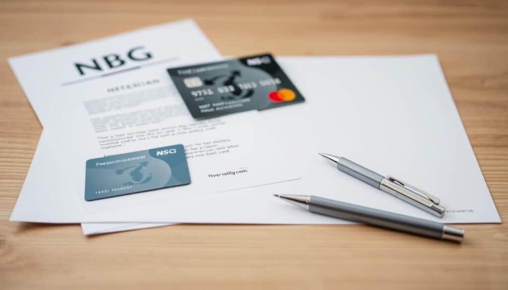 A high-quality, detailed photograph of the necessary documents for the NBG Silver Credit Card application. The scene depicts a neat arrangement of official papers, credit cards, and a pen on a clean, neutral surface, such as a wooden table or white backdrop. The lighting is soft and diffused, creating a professional, documentation-focused atmosphere. The depth of field is moderate, keeping the central items in sharp focus while subtly blurring the background. The composition is balanced, with the documents placed in an organized manner, conveying a sense of efficiency and attention to detail.