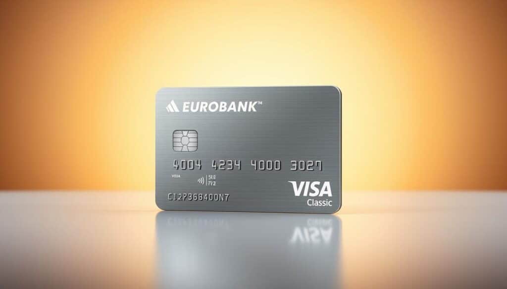 A high-quality, photorealistic image of a sleek and modern Eurobank Visa Classic credit card. The card is prominently displayed in the center of the frame, with a smooth, metallic surface and clean, minimalist design. The card is positioned against a soft, blurred background, with a gentle gradient that transitions from a warm, golden hue in the foreground to a cooler, more neutral tone in the background, creating a sense of depth and elegance. Soft, directional lighting illuminates the card, highlighting its sharp edges and subtle details, while maintaining a sophisticated and refined atmosphere. The overall composition is balanced, with a focus on the card's key features and a sense of simplicity and sophistication.