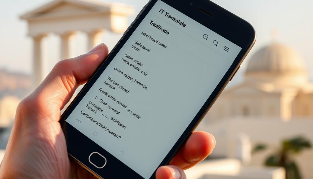 A high-resolution photorealistic image of a smartphone screen displaying the iTranslate app interface in offline mode, with the Greek language selected. The screen shows clear, crisp translations of common phrases and words. The smartphone is held in a human hand against a blurred background of Greek landmarks or scenery, creating a sense of the app being used in a real-world, travel-focused setting in Greece. The lighting is natural and warm, and the composition emphasizes the usability and effectiveness of the offline translation capabilities in the Greek context. A high-resolution photorealistic image of a smartphone screen displaying the iTranslate app interface in offline mode, with the Greek language selected. The screen shows clear, crisp translations of common phrases and words. The smartphone is held in a human hand against a blurred background of Greek landmarks or scenery, creating a sense of the app being used in a real-world, travel-focused setting in Greece. The lighting is natural and warm, and the composition emphasizes the usability and effectiveness of the offline translation capabilities in the Greek context.