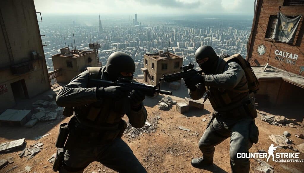 A highly detailed, dynamic, and immersive tactical shooter gameplay scene. In the foreground, two counter-terrorist agents engage in intense, close-quarters combat, their weapons at the ready and expressions resolute. In the middle ground, the environment is a gritty, urban setting with dilapidated buildings, scattered debris, and strategic cover points. Dramatic lighting casts deep shadows, creating a sense of tension and urgency. In the background, the sprawling cityscape stretches out, hinting at the larger scale of the conflict. The scene conveys the high-stakes, precision-based nature of the Counter-Strike: Global Offensive gameplay, where teamwork, tactics, and split-second decision-making are paramount.