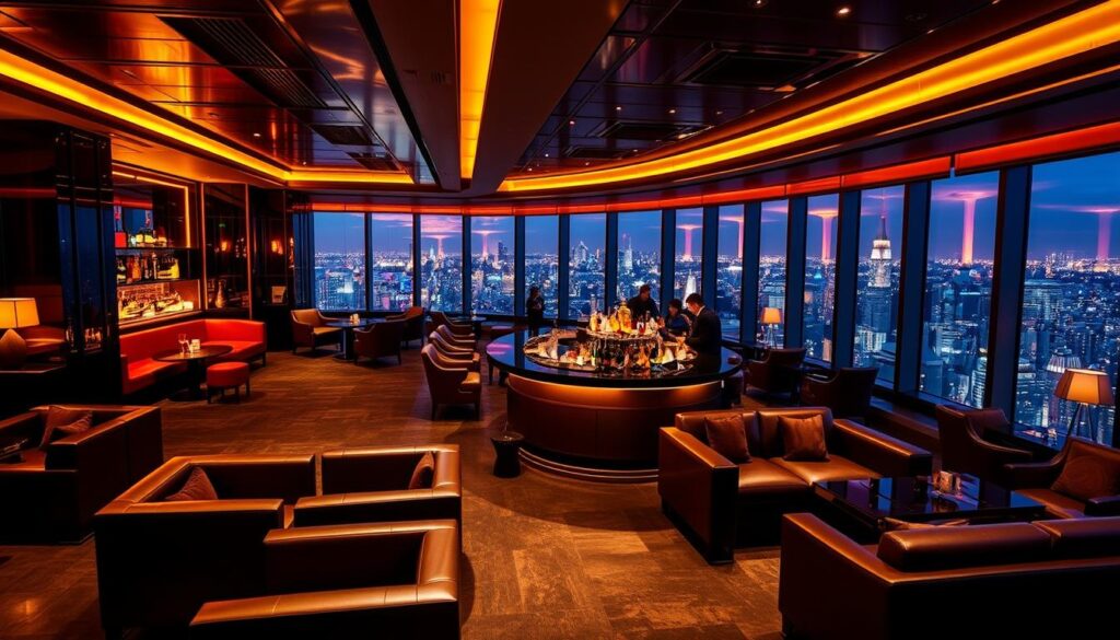 A lavish and sophisticated VIP lounge, bathed in warm, ambient lighting that casts a cozy glow. Plush leather armchairs and sofas arranged in intimate seating areas, surrounded by sleek, contemporary furnishings and decor. The bar, stocked with premium liquors, stands in the center, with bartenders expertly mixing custom cocktails. Through the floor-to-ceiling windows, a panoramic view of a bustling city skyline, its towering skyscrapers glittering in the distance. Discreet service staff cater to the every need of the well-heeled patrons, ensuring a luxurious and exclusive experience.