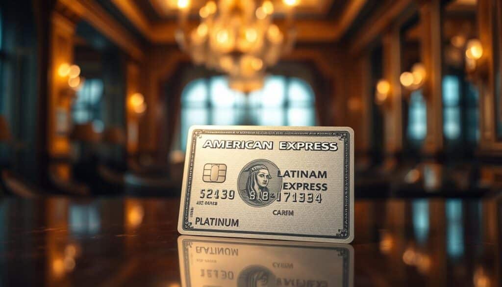 A luxurious, high-quality credit card appears in the center of the frame, casting a warm, golden glow. The card's surface reflects the light, highlighting the intricate details and the iconic American Express logo. In the background, a blurred, opulent setting suggests an elegant, prestigious atmosphere, evoking the sense of exclusivity and status associated with the American Express Platinum card. The overall composition conveys a feeling of sophistication, wealth, and the privilege of owning this prestigious financial product.