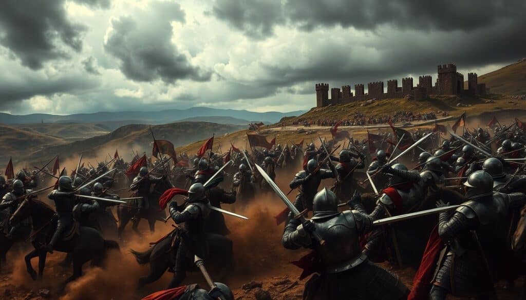 A medieval battlefield awash in the chaos of clashing swords and thundering hooves. In the foreground, heavily armored knights engage in a visceral melee, their polished blades glinting in the dim, overcast light. Billowing clouds of dust and the cries of wounded soldiers fill the air, as horses rear and combatants grapple in a desperate struggle for survival. In the middle ground, archers unleash a hail of arrows, their longbows drawn taut against the darkening sky. The background is a rugged, undulating landscape, dotted with the remnants of a shattered fortification, its crumbling walls bearing witness to the brutality of the conflict. Ominous storm clouds loom overhead, casting an ominous, foreboding atmosphere upon the scene. This is a battle of epic proportions, a testament to the grim realities of medieval warfare.