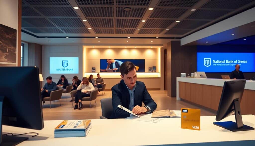 A modern, clean-cut interior of a bank branch of the National Bank of Greece. In the foreground, a customer is sitting at a desk, reviewing and filling out a Mastercard Gold application form. The desk has a sleek, minimalist design, with a computer monitor and a stack of brochures visible. The customer is dressed in professional attire, conveying a sense of confidence and seriousness. The middle ground features several other customers waiting their turn, seated on modern, comfortable chairs. The background showcases the bank's logo and branding, with warm lighting and neutral tones creating a welcoming atmosphere. The overall scene conveys a sense of efficiency, professionalism, and attention to detail, reflecting the process of applying for a Mastercard Gold card at a National Bank of Greece branch. A modern, clean-cut interior of a bank branch of the National Bank of Greece. In the foreground, a customer is sitting at a desk, reviewing and filling out a Mastercard Gold application form. The desk has a sleek, minimalist design, with a computer monitor and a stack of brochures visible. The customer is dressed in professional attire, conveying a sense of confidence and seriousness. The middle ground features several other customers waiting their turn, seated on modern, comfortable chairs. The background showcases the bank's logo and branding, with warm lighting and neutral tones creating a welcoming atmosphere. The overall scene conveys a sense of efficiency, professionalism, and attention to detail, reflecting the process of applying for a Mastercard Gold card at a National Bank of Greece branch.
