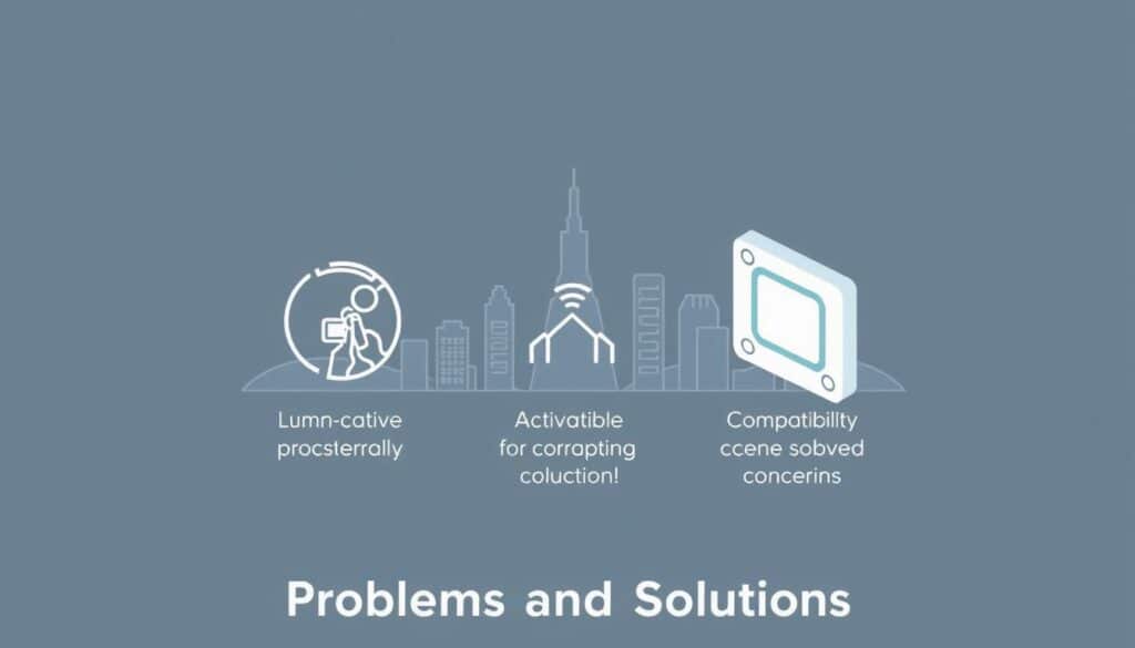 A modern, minimal graphical illustration depicting common problems encountered when setting up eSIM services, such as network connectivity issues, activation challenges, and compatibility concerns. The foreground should feature simple line art icons representing these problem areas, while the middle ground showcases a clean, geometric cityscape or technology-inspired background. Use a muted, cool color palette with subtle gradients to convey a sense of professionalism and tech-savvy problem-solving. Employ an isometric or angled perspective to add depth and visual interest, with a focus on clean, uncluttered design that aligns with the section title's "Problems and Solutions" theme. A modern, minimal graphical illustration depicting common problems encountered when setting up eSIM services, such as network connectivity issues, activation challenges, and compatibility concerns. The foreground should feature simple line art icons representing these problem areas, while the middle ground showcases a clean, geometric cityscape or technology-inspired background. Use a muted, cool color palette with subtle gradients to convey a sense of professionalism and tech-savvy problem-solving. Employ an isometric or angled perspective to add depth and visual interest, with a focus on clean, uncluttered design that aligns with the section title's "Problems and Solutions" theme.