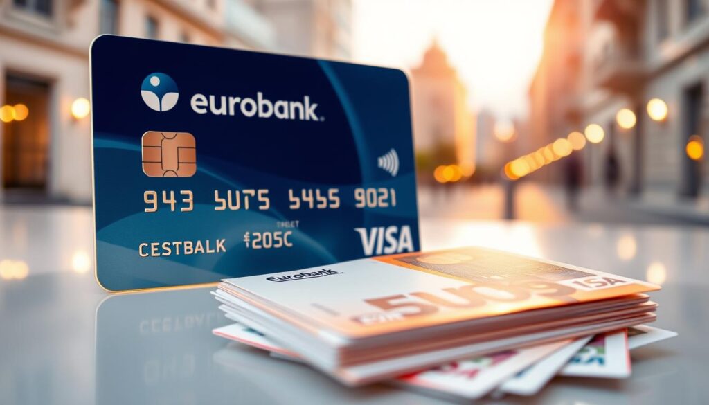 A modern, minimalist credit card design with a sleek silver-and-blue color palette, casting a soft, warm glow from its surface. The Eurobank Visa Classic logo prominently displayed, exuding a sense of trust and reliability. In the foreground, a stack of crisp euro banknotes, symbolizing the cashback rewards earned from everyday purchases. The background features a clean, uncluttered urban landscape, hinting at the convenience and security of digital financial transactions. Subtle light sources create a sense of depth and three-dimensionality, while the overall composition conveys a feeling of effortless sophistication and financial empowerment.