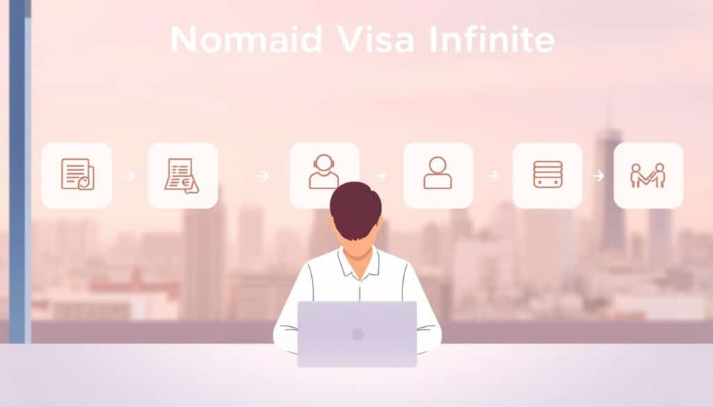A modern, minimalist digital illustration showcasing the application process for the Nomad Visa Infinite. In the foreground, a person sits at a clean, well-lit desk, carefully filling out a digital form on a sleek laptop. Behind them, a series of simple, elegant icons represent the different steps of the application - document upload, ID verification, payment, and final approval. The background features a subtle, out-of-focus cityscape, hinting at the global nature of the Nomad Visa Infinite. The overall scene conveys a sense of professionalism, efficiency, and the convenience of applying for this exclusive travel visa.