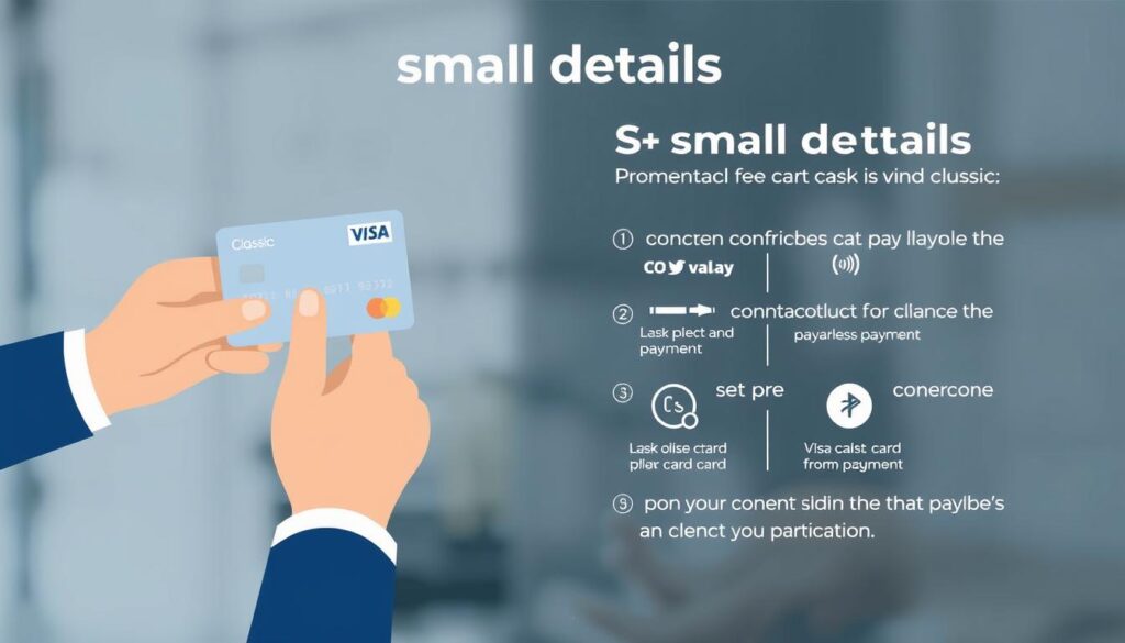 A modern, visually appealing illustration depicting the payment process for a Visa Classic credit card. The foreground showcases a person's hand using a contactless payment terminal, with the Visa Classic card and a smartphone visible. The middle ground features a clear breakdown of the steps involved in the payment process, with icons and simple infographic elements. The background has a soft, blurred pattern in shades of blue and grey, creating a sense of depth and professionalism. The overall mood is one of efficiency, convenience, and attention to detail, reflecting the "small details" theme of the article section. A modern, visually appealing illustration depicting the payment process for a Visa Classic credit card. The foreground showcases a person's hand using a contactless payment terminal, with the Visa Classic card and a smartphone visible. The middle ground features a clear breakdown of the steps involved in the payment process, with icons and simple infographic elements. The background has a soft, blurred pattern in shades of blue and grey, creating a sense of depth and professionalism. The overall mood is one of efficiency, convenience, and attention to detail, reflecting the "small details" theme of the article section.