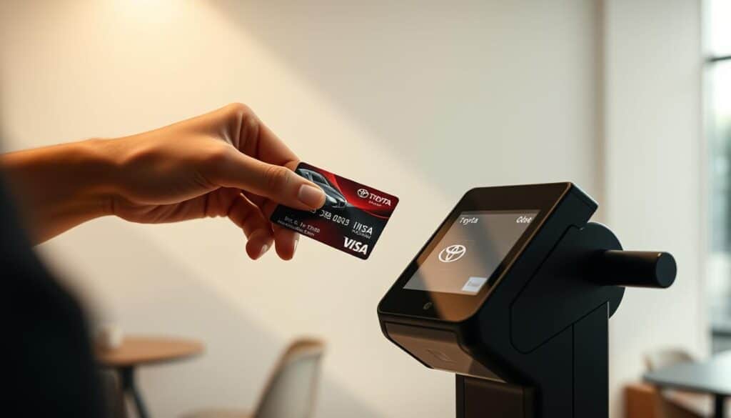 A modern, visually striking image showcasing the seamless usage of a Toyota Visa card. Set against a clean, minimalist background, the card is prominently displayed, its sleek design and iconic Toyota branding commanding attention. The foreground features a person's hand effortlessly swiping the card through a high-tech payment terminal, with a crisp, digital display showing the successful transaction. The middle ground captures the immediate environment, perhaps a stylish retail setting or a chic cafe, conveying a sense of sophistication and convenience. Soft, directional lighting casts subtle shadows, enhancing the overall depth and three-dimensional quality of the scene. The color palette is predominantly muted, with pops of bold Toyota red strategically placed to create visual interest and draw the viewer's eye. The atmosphere is one of efficiency, reliability, and a premium user experience, encapsulating the core values associated with the Toyota Visa card.
