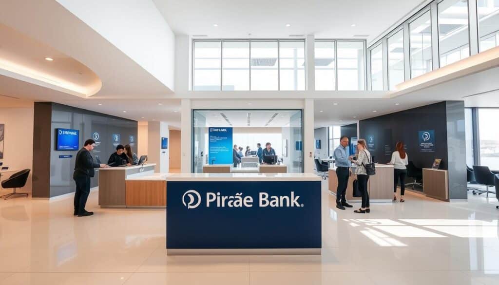 A modern, well-lit interior of a Piraeus Bank branch, with a spacious and inviting atmosphere. The branch features a clean, minimalist design with large windows allowing natural light to flood the space. The foreground showcases the bank's logo and branding prominently displayed on the front desk, creating a strong visual identity. In the middle ground, customers are interacting with bank tellers, discussing their financial needs. The background reveals a mix of private offices and open-plan areas, suggesting a range of services and solutions available within the branch. The overall scene conveys a sense of professionalism, efficiency, and customer-centric focus, reflecting the Piraeus Bank brand. A modern, well-lit interior of a Piraeus Bank branch, with a spacious and inviting atmosphere. The branch features a clean, minimalist design with large windows allowing natural light to flood the space. The foreground showcases the bank's logo and branding prominently displayed on the front desk, creating a strong visual identity. In the middle ground, customers are interacting with bank tellers, discussing their financial needs. The background reveals a mix of private offices and open-plan areas, suggesting a range of services and solutions available within the branch. The overall scene conveys a sense of professionalism, efficiency, and customer-centric focus, reflecting the Piraeus Bank brand.