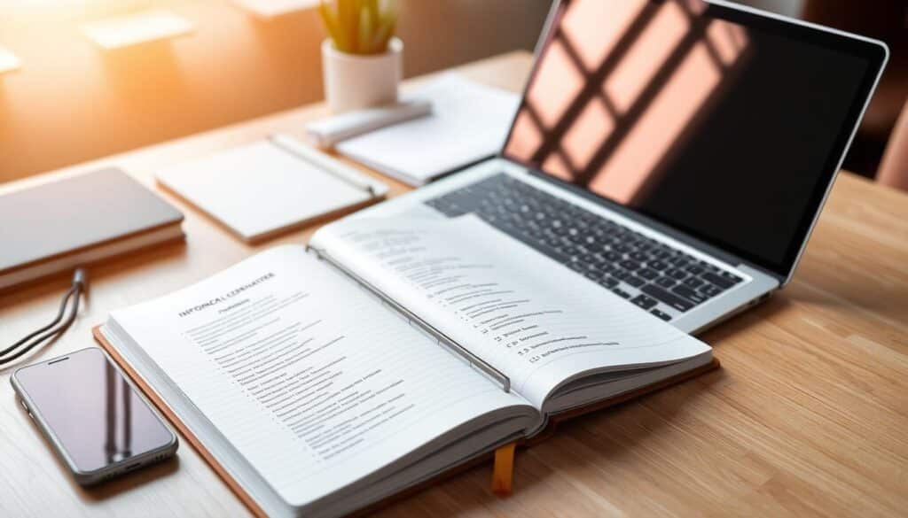 A neatly organized desk with a laptop, a phone, and a notebook open, displaying useful information and contact details. The lighting is soft and warm, creating a professional yet inviting atmosphere. The scene is captured from a slightly elevated angle, showcasing the workspace in a clear and visually appealing manner. The background is blurred, keeping the focus on the central elements. The overall composition conveys a sense of productivity, organization, and accessibility of the presented information.