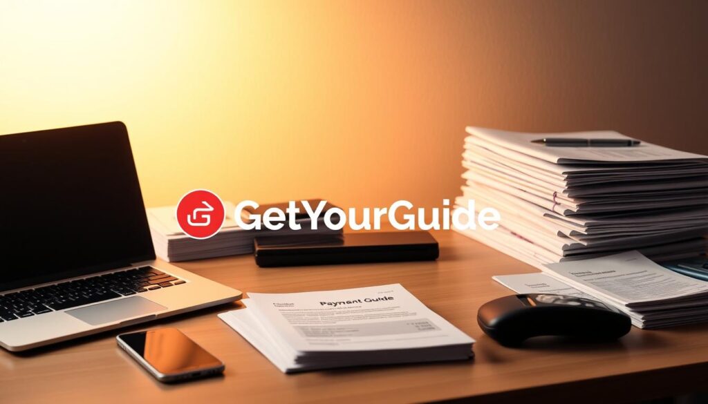 A neatly organized desktop with a laptop, smartphone, and payment processing terminal. Warm lighting casts a soft glow, conveying a sense of professionalism and efficiency. The GetYourGuide logo stands prominently, framed by meticulously arranged stacks of documents, invoices, and financial statements. A sleek, minimalist design emphasizes the subject's focus on streamlined payment processing for travelers. The overall atmosphere exudes a blend of modern technology and reliable financial management, reflecting the article's section on GetYourGuide's payment information. A neatly organized desktop with a laptop, smartphone, and payment processing terminal. Warm lighting casts a soft glow, conveying a sense of professionalism and efficiency. The GetYourGuide logo stands prominently, framed by meticulously arranged stacks of documents, invoices, and financial statements. A sleek, minimalist design emphasizes the subject's focus on streamlined payment processing for travelers. The overall atmosphere exudes a blend of modern technology and reliable financial management, reflecting the article's section on GetYourGuide's payment information.