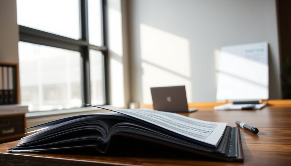 A professional-looking office scene with a wooden desk, a laptop, and some office supplies. The desk is positioned in front of a large window, allowing natural light to flood the room. In the foreground, there is an open folder with documents and forms, representing the application review process. The background features a modern, minimalist interior design with clean lines and muted colors, creating a sense of sophistication and efficiency. The lighting is soft and diffused, casting gentle shadows across the scene. The overall atmosphere conveys a sense of diligence, attention to detail, and the careful evaluation of the credit card application.
