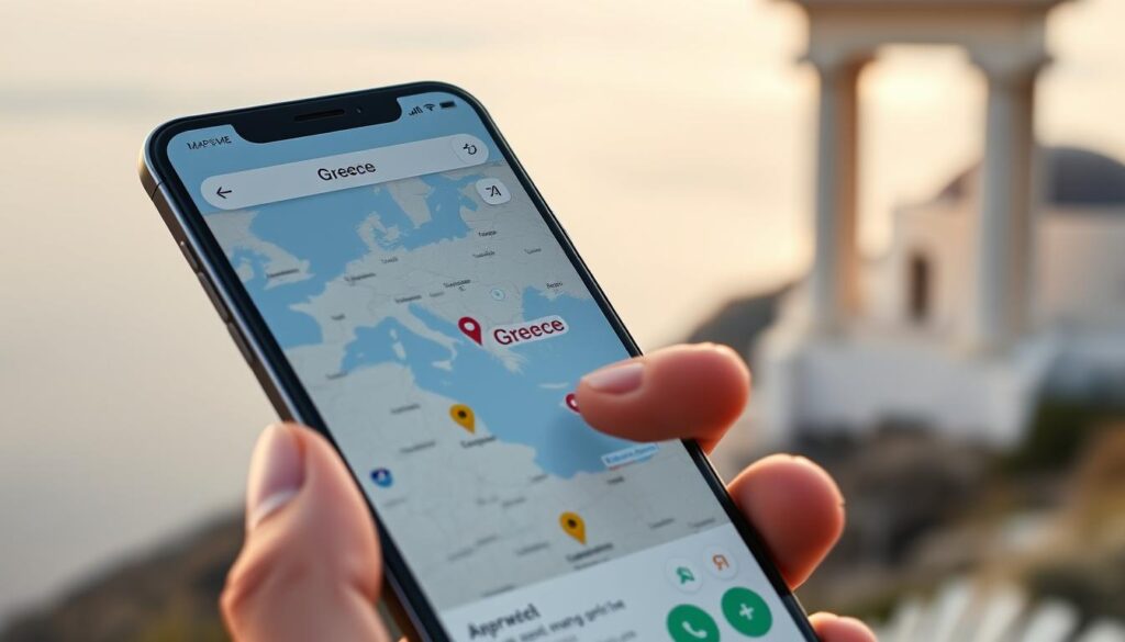 A scenic view of a smartphone screen displaying the Maps.me app interface, prominently featuring the Greece map. The foreground showcases the app's clear, intuitive navigation with detailed road networks and landmarks. The middle ground depicts a traveler's hand interacting with the touchscreen, navigating through the app's features. The background subtly hints at a serene Greek landscape, with a soft, warm lighting that evokes a sense of exploration and discovery. The overall composition conveys the ease of using Maps.me to navigate Greece, emphasizing its utility for travelers seeking to make the most of their journey.