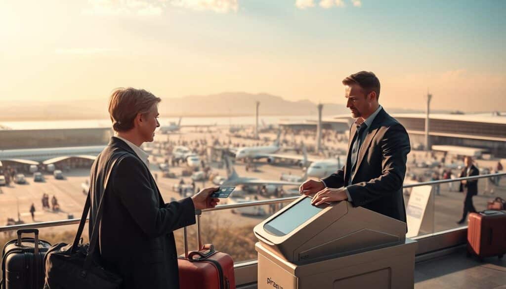 A serene landscape with a sprawling international airport in the background, featuring sleek modern architecture and bustling activity. In the foreground, a well-dressed traveler effortlessly using a credit card at a payment terminal, highlighting the convenience and global accessibility of the Piraeus Mastercard Standard. The scene is bathed in warm, golden light, evoking a sense of ease and prosperity associated with the card's international usage and travel benefits. Subtle details like luggage, signage, and global landmarks suggest the wide-ranging reach and utility of this financial product.