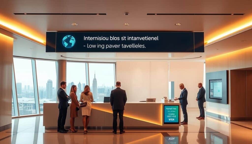 A serene, modern banking hall with sleek, minimalist decor and warm, diffused lighting. A central desk with clean lines and a digital display showcasing low international ATM withdrawal fees for travelers. Elegant, well-dressed individuals standing in the foreground, calmly conducting their banking transactions. In the background, a panoramic window offers a view of a bustling city skyline, symbolizing the global reach and convenience of the Nomad Global Visa's low-cost international services. The overall atmosphere conveys a sense of efficiency, affordability, and cosmopolitan sophistication.