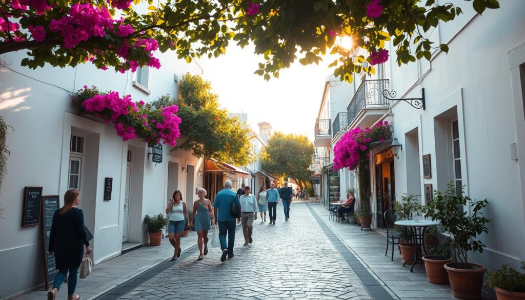 Una serena vista de una calle griega, con senderos empedrados bañados por el sol y edificios encalados adornados con vibrantes buganvillas. Los peatones pasean tranquilamente, deteniéndose para admirar los encantadores cafés y boutiques que bordean las estrechas calles. Una cálida luz dorada se filtra entre los árboles, creando un brillo apacible en la escena. La perspectiva captura la esencia de un barrio pintoresco y encantador, invitando al espectador a sumergirse en la atmósfera local y explorar los tesoros ocultos de la zona. A serene street view in Greece, with sun-dappled cobblestone paths and whitewashed buildings adorned with vibrant bougainvillea. Pedestrians stroll leisurely, pausing to admire the charming cafes and boutiques lining the narrow streets. Warm, golden light filters through overhead trees, casting a tranquil glow on the scene. The perspective captures the essence of a quaint, picturesque neighborhood, inviting the viewer to immerse themselves in the local atmosphere and explore the hidden gems of the area.