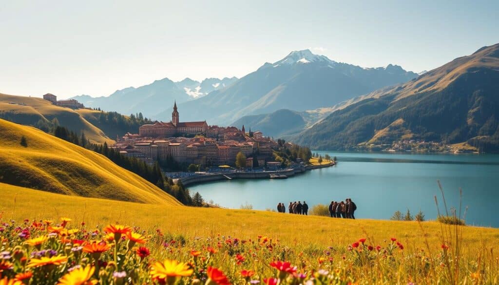 A serene, sun-drenched landscape with rolling hills and vibrant wildflowers in the foreground. In the middle ground, a group of travelers explore a picturesque European city, its historic architecture bathed in warm, golden light. In the background, a majestic mountain range rises, its snow-capped peaks reflected in a tranquil lake. The scene conveys the joy, adventure, and effortless convenience of booking excursions through GetYourGuide, a platform that opens up a world of unique experiences. A serene, sun-drenched landscape with rolling hills and vibrant wildflowers in the foreground. In the middle ground, a group of travelers explore a picturesque European city, its historic architecture bathed in warm, golden light. In the background, a majestic mountain range rises, its snow-capped peaks reflected in a tranquil lake. The scene conveys the joy, adventure, and effortless convenience of booking excursions through GetYourGuide, a platform that opens up a world of unique experiences.