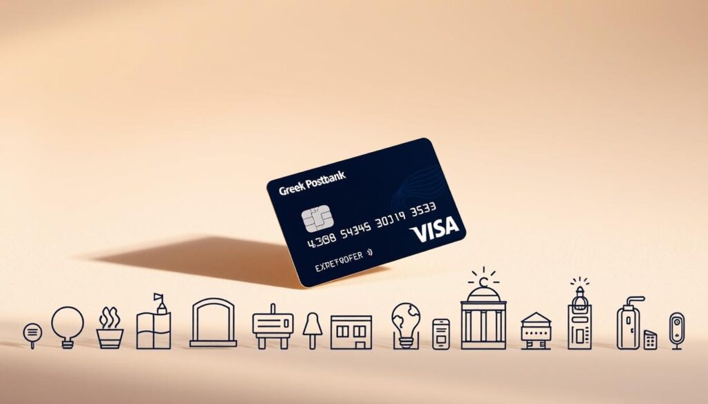 A sleek and modern Greek Postbank Visa card resting on a clean, minimalist background. The card is angled slightly, casting a subtle shadow that adds depth and dimensionality. The background is a soft, neutral tone, allowing the card to be the focal point. The lighting is soft and diffused, creating a warm, inviting atmosphere. In the foreground, a collection of stylized icons and graphics representing the bank's reward programs and special offers are artfully arranged, hinting at the card's benefits without overwhelming the composition. The overall aesthetic is sophisticated, elegant, and visually appealing, reflecting the premium nature of the Greek Postbank Visa product.